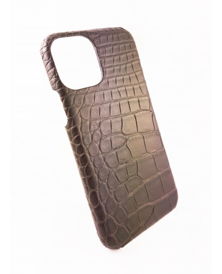 coque Iphone  11 Pro cuir alligator gris taupe fait en France