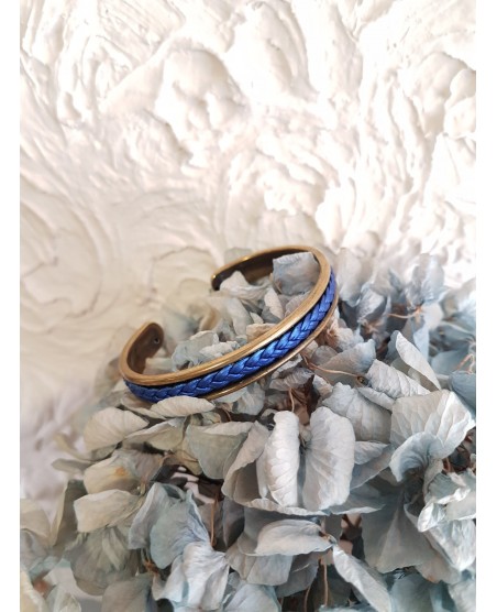 Bracelet jonc rigide et cuir bleu nacré